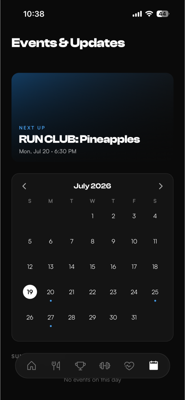 Community calendar screen in the branded mobile app listing store events and run club dates