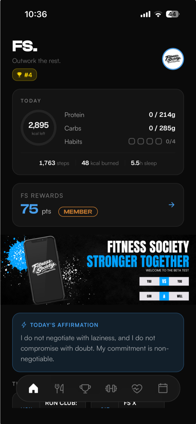 Home screen of the branded mobile app with the store logo, points balance, and quick actions