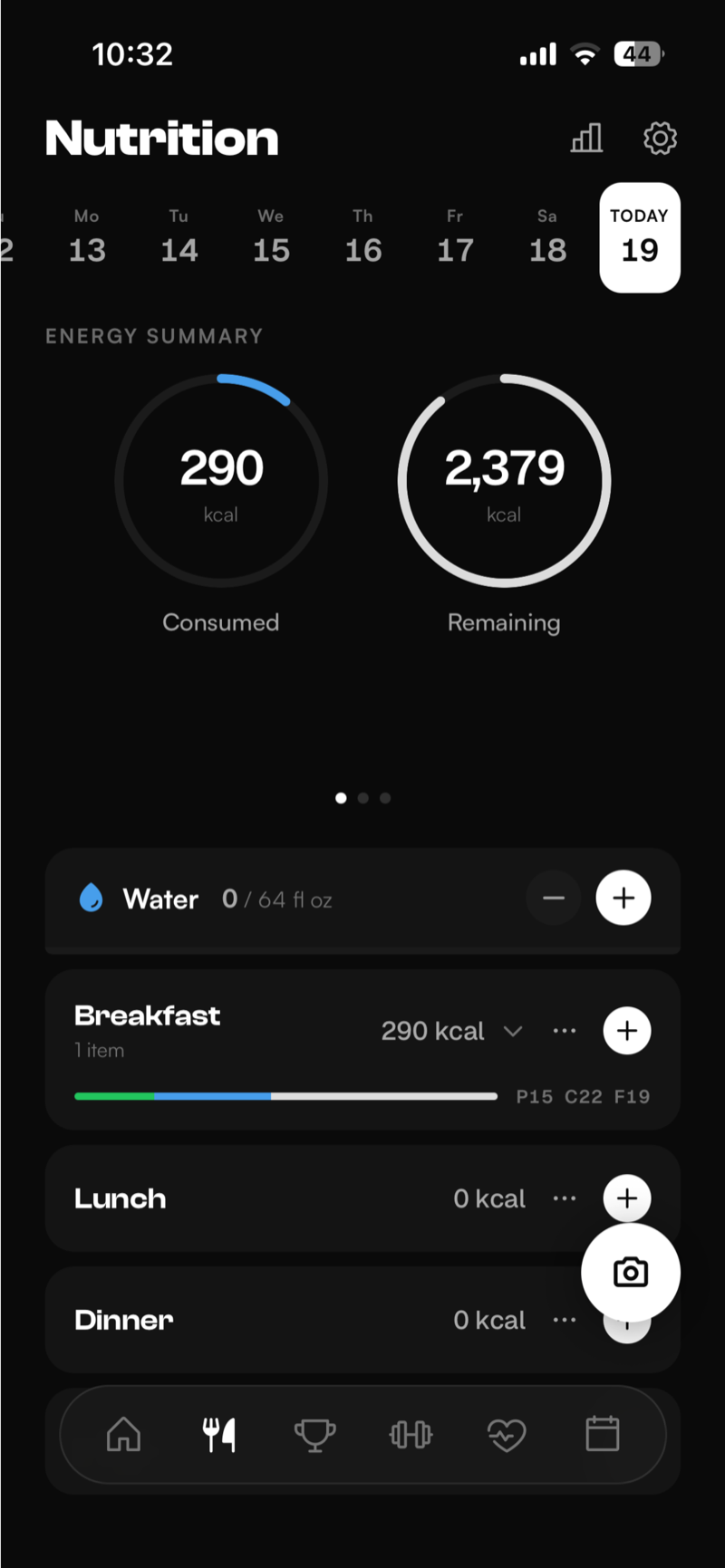 Nutrition screen in the all-in-one fitness app with meal tracking and macro totals
