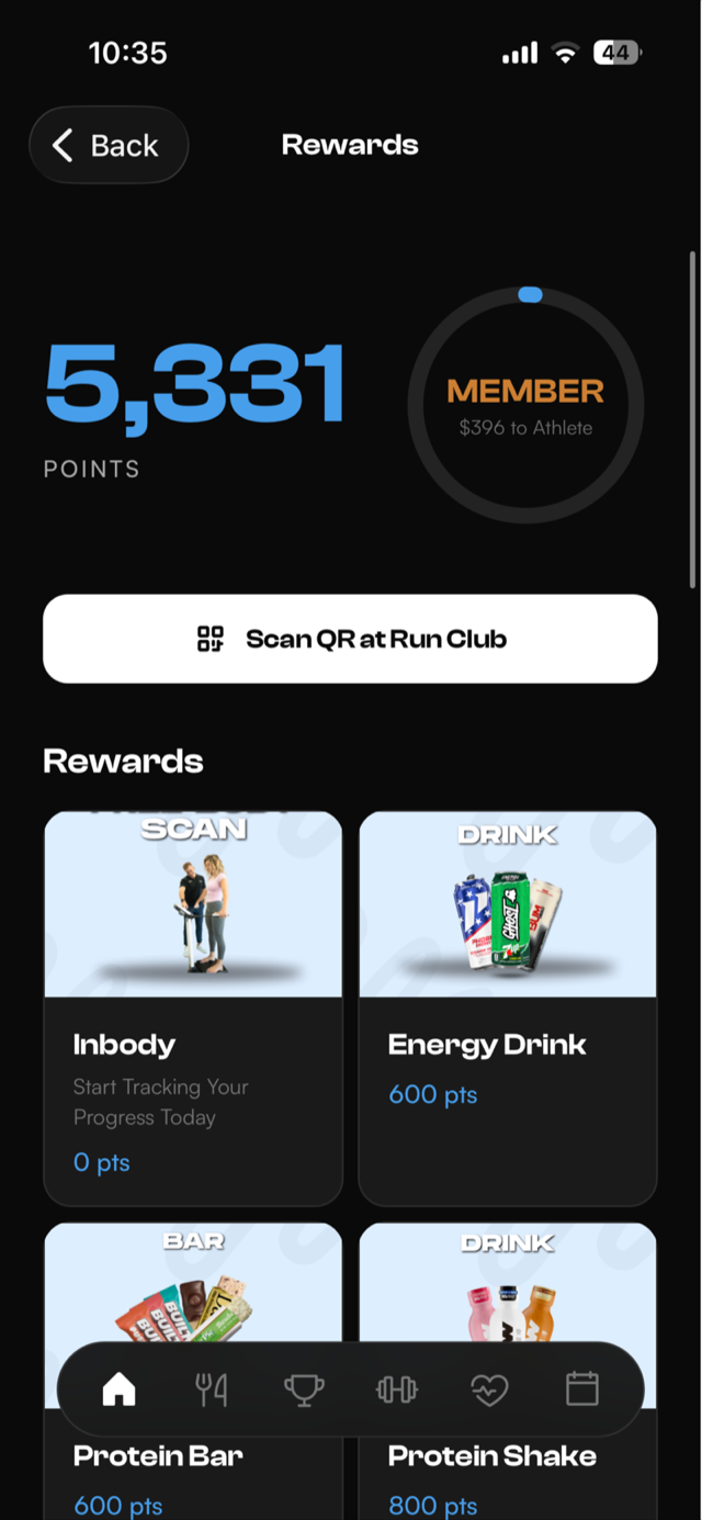 Rewards tab of the branded mobile app showing the member card and redeemable rewards