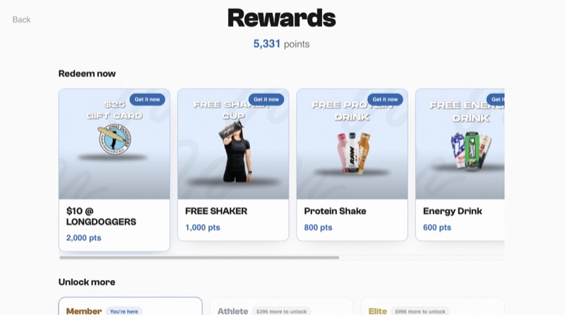 The founding store's live kiosk rewards screen with the member's points balance and redeemable rewards