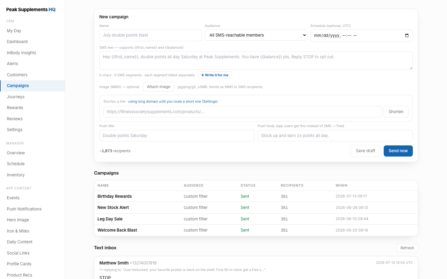 Campaign composer in the portal showing an SMS campaign with live text count, drip sending status, and audience segment